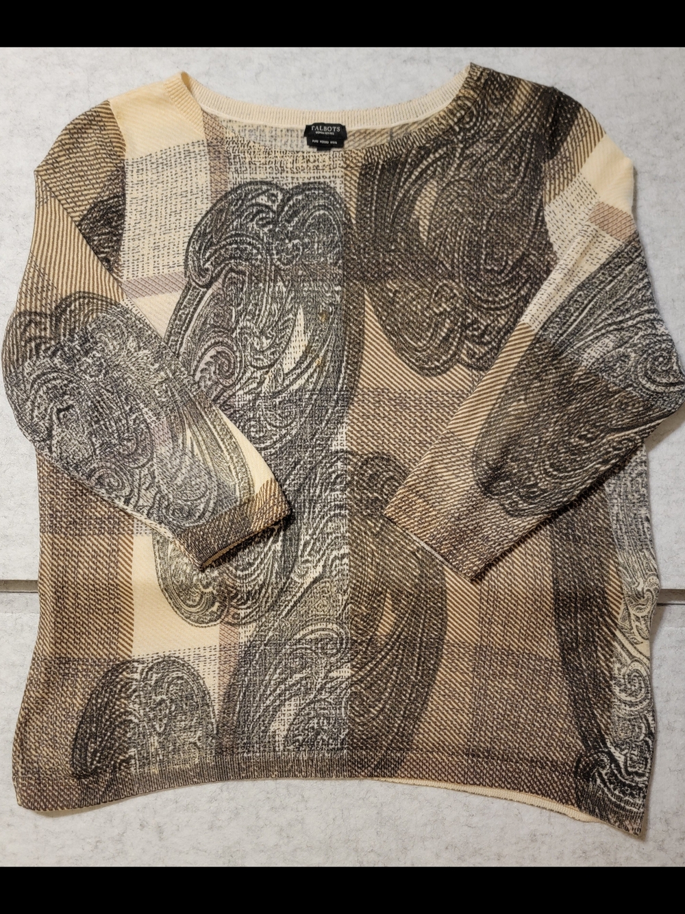 Talbots Woman Petites 2XP 100% Merino Wool Sweater Plaid Paisley Neutral Light